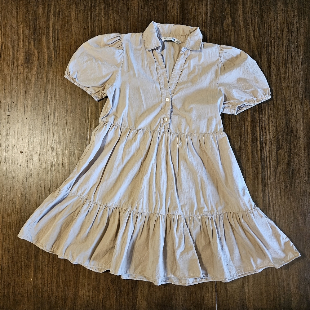Zara Linen Blend Dress XS Tan Short Sleeve Tiered Collared Preppy City Beach